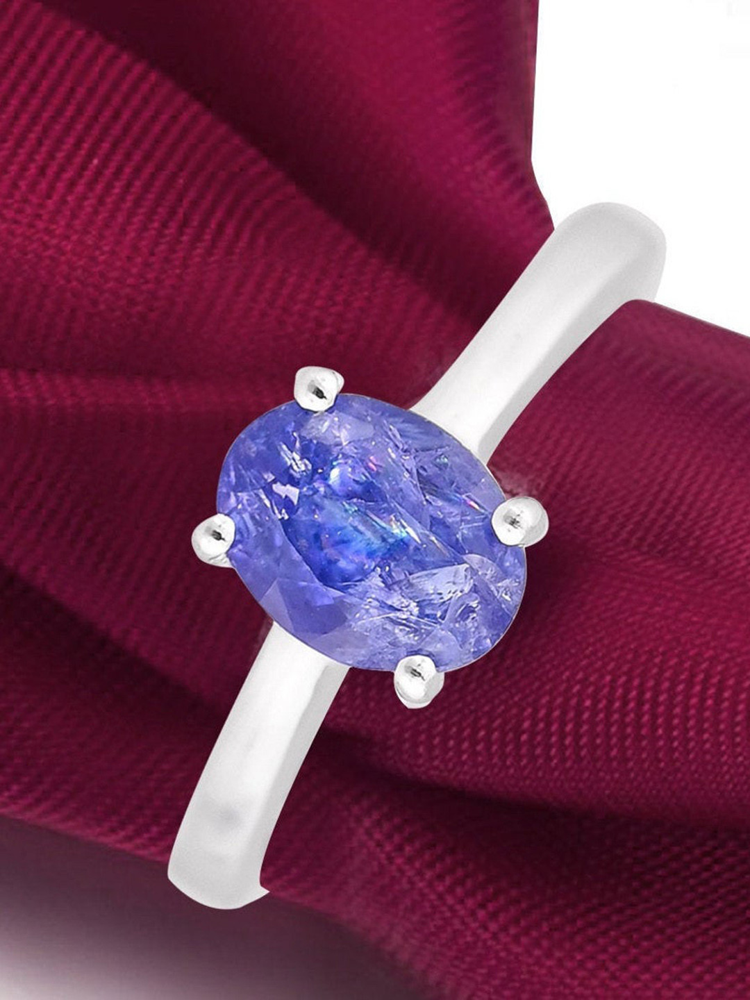 HIFLYER JEWELS Rhodium-Plated Silver-Toned & Blue Tanzanite Gemstone-Studded Finger Ring