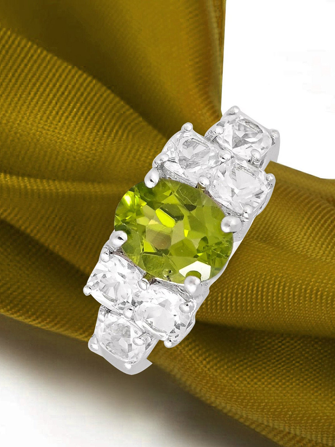 HIFLYER JEWELS Rhodium-Plated Sterling Silver Green Stone-Studded Finger Ring