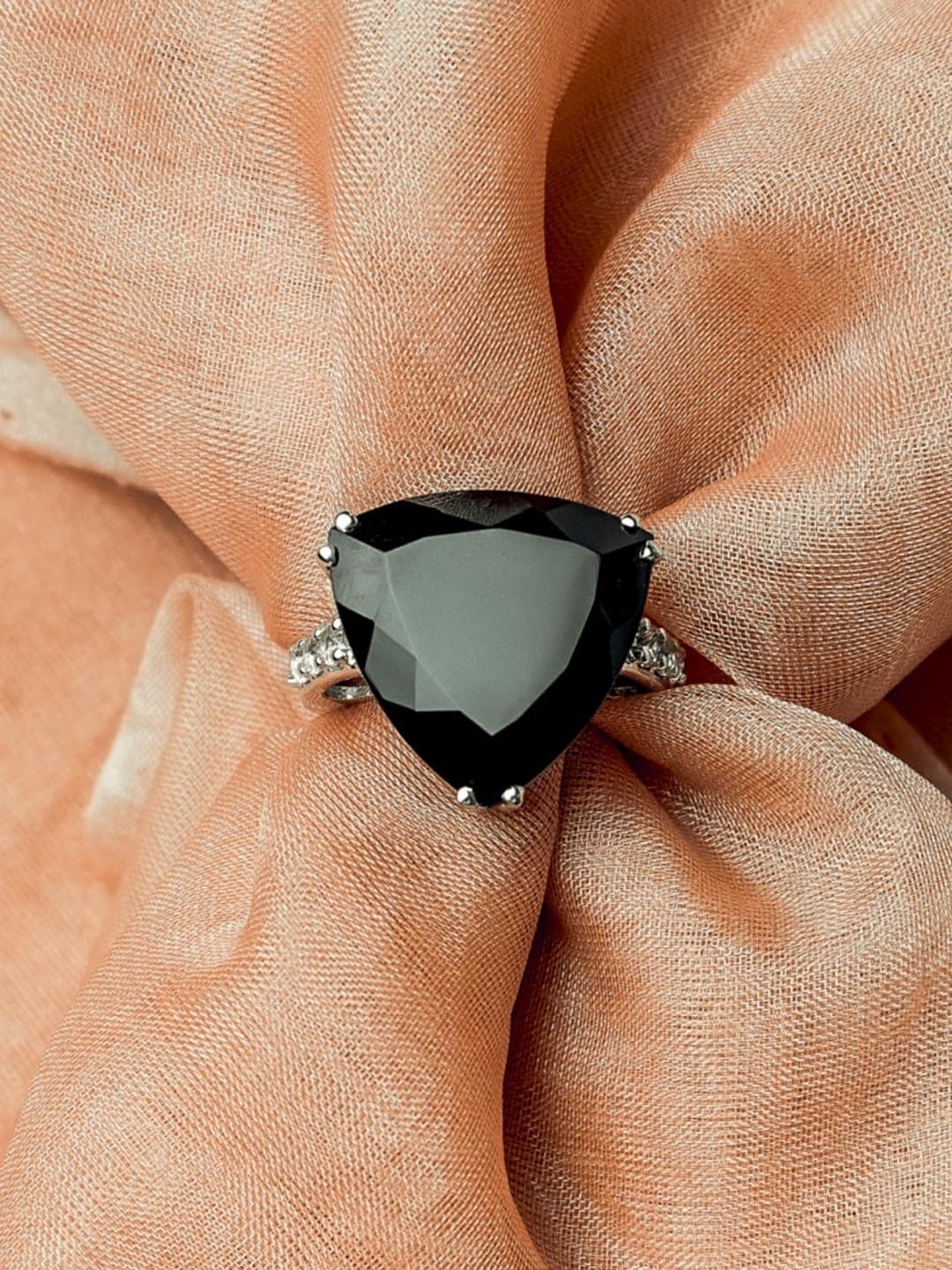 HIFLYER JEWELS Rhodium-Plated Silver-Toned Black Topaz Studded Finger Ring
