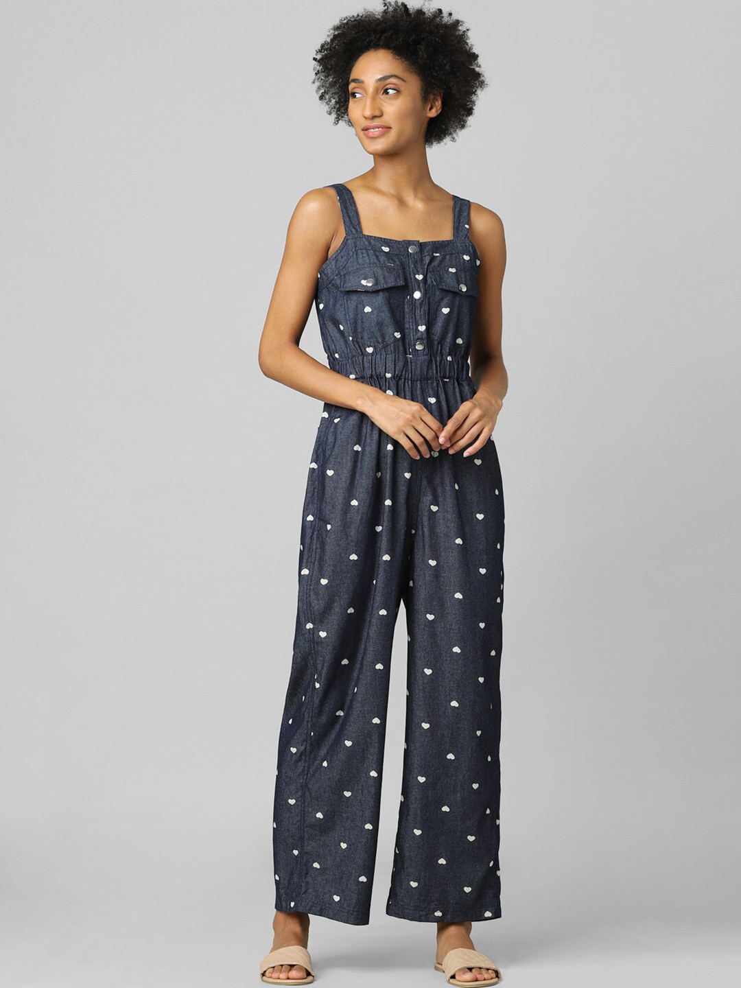 ONLY Blue & White Printed Basic Jumpsuit with Ruffles