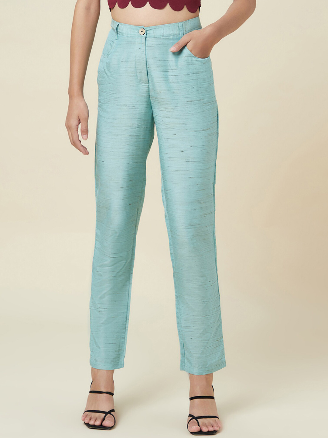 enzeo Women Blue Sharp Slim Fit High-Rise Pleated Trousers