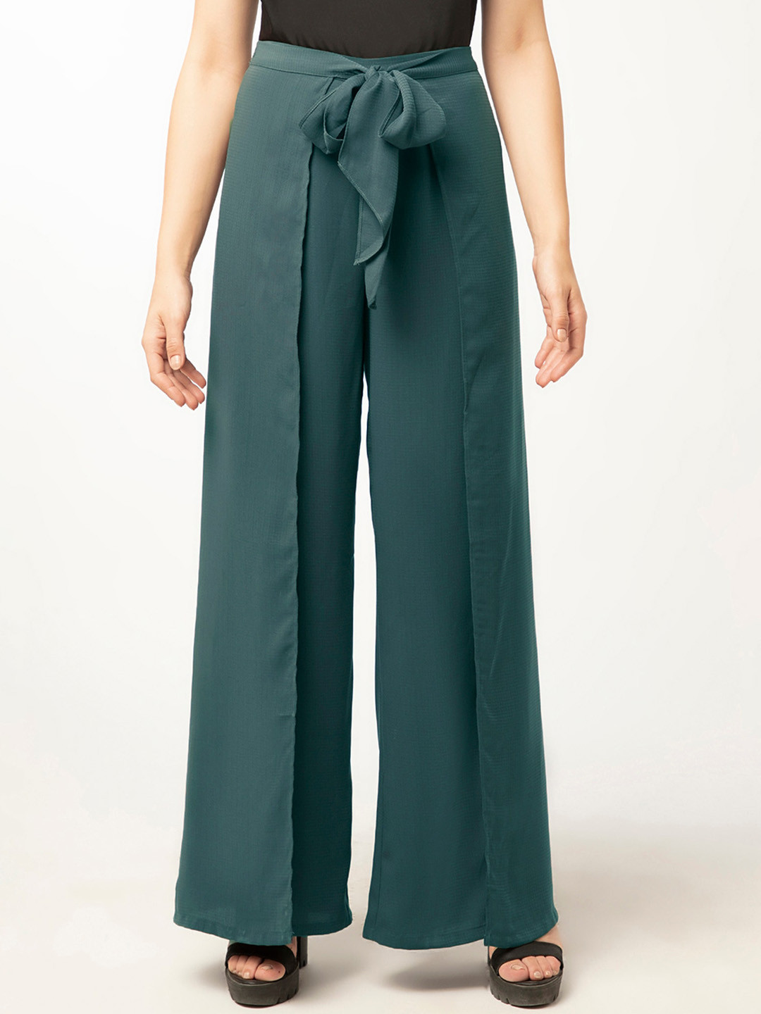 enzeo Women Green Relaxed Straight Leg Straight Fit High-Rise Trousers