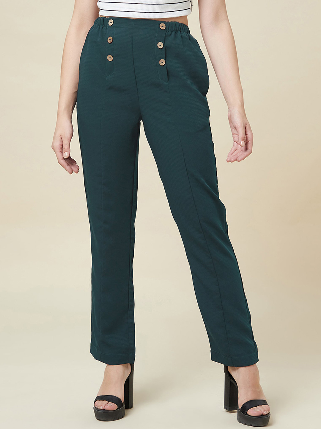 enzeo Women Green Sharp Slim Fit High-Rise Pleated Trousers