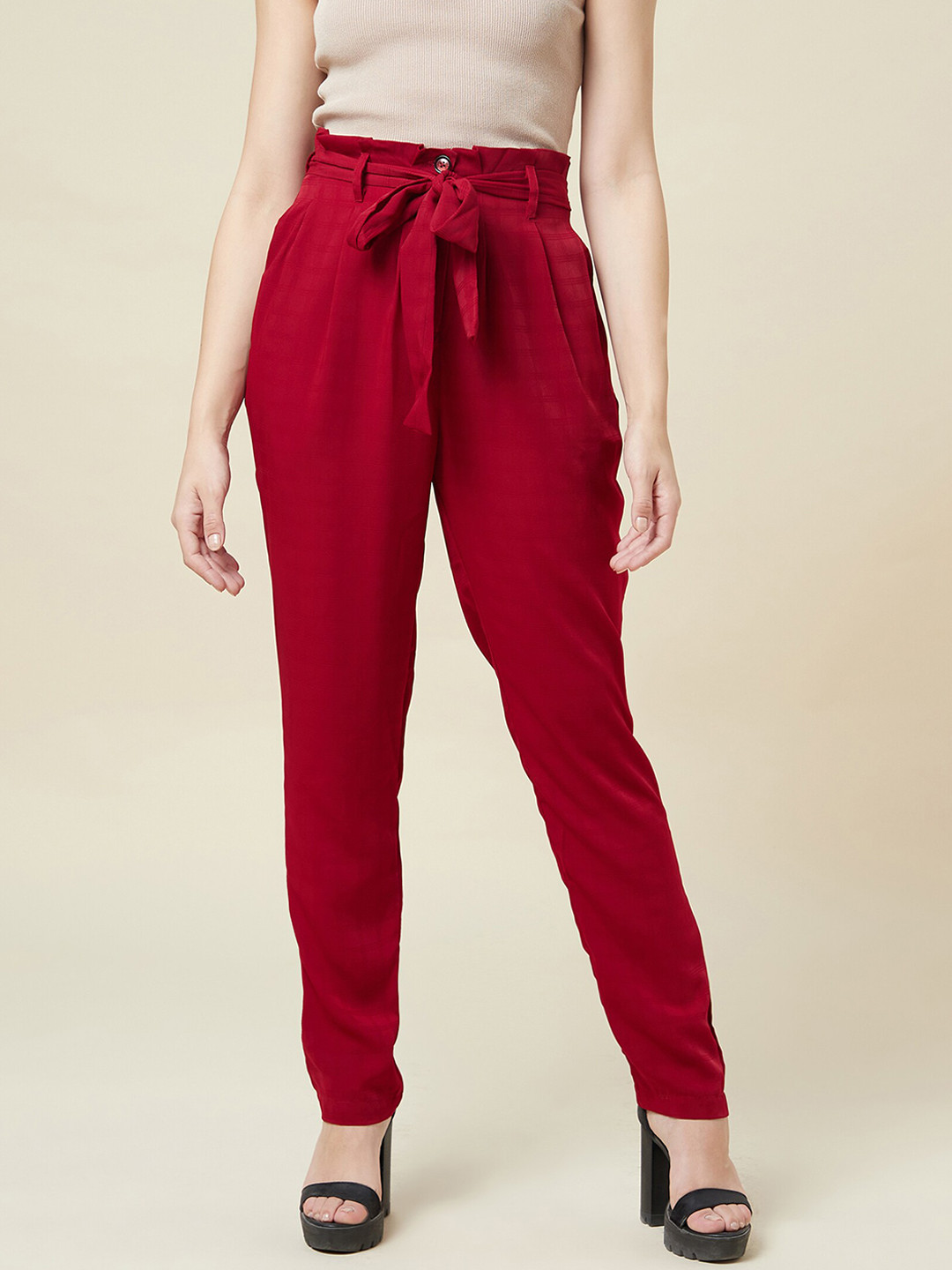 enzeo Women Red Sharp Slim Fit High-Rise Pleated Trousers