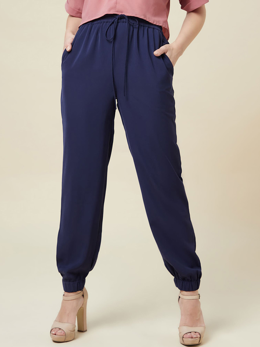 enzeo Women Blue Sharp Tapered Fit High-Rise Joggers Trousers