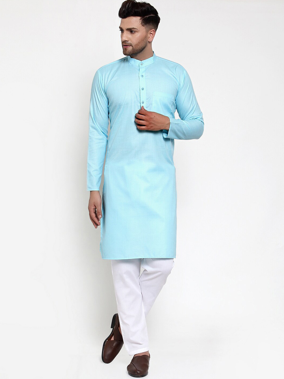 Jompers Men Turquoise  Blue & White Cotton Blend Kurta with Pyjamas