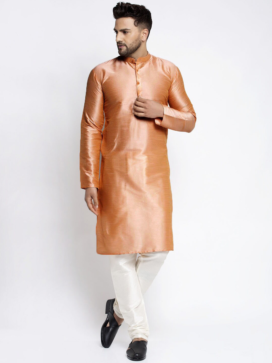 Jompers Men Bronze-Toned Pleated Dupion Silk Kurti with Pyjamas