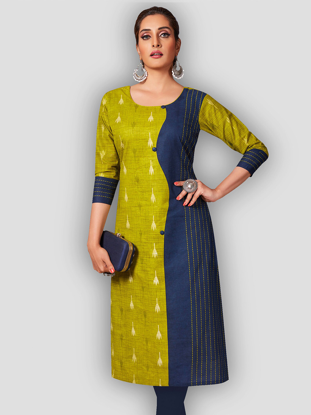 Jevi Prints Women Green & Blue Colourblocked Pure Cotton Kurta