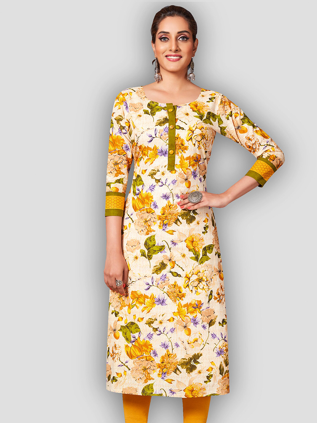 Jevi Prints Beige & Yellow Floral Printed Cotton Kurta