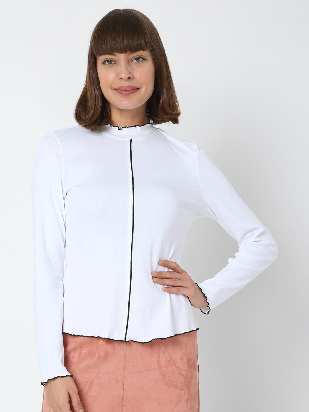 Vero Moda White & Black Solid High Neck Regular Top