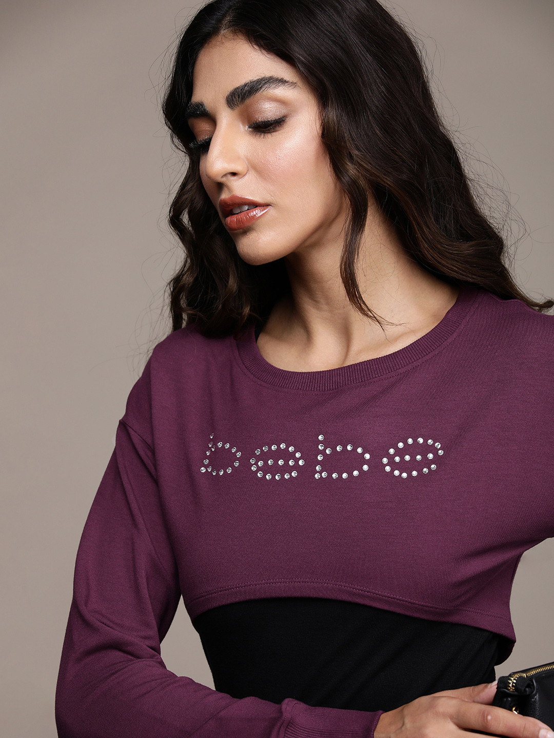 bebe Women Beetroot Brad Logo Embellished Cropped Sweatshirt