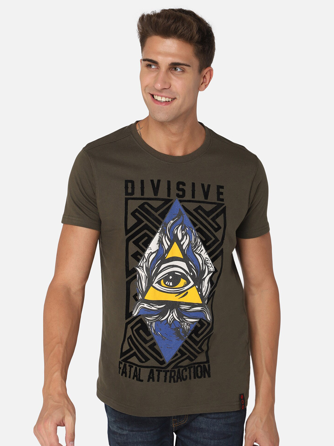 PUNK Men Olive Green Printed Raw Edge T-shirt
