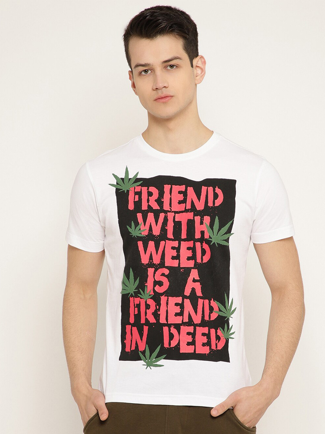 PUNK Men White Typography Printed Raw Edge T-shirt