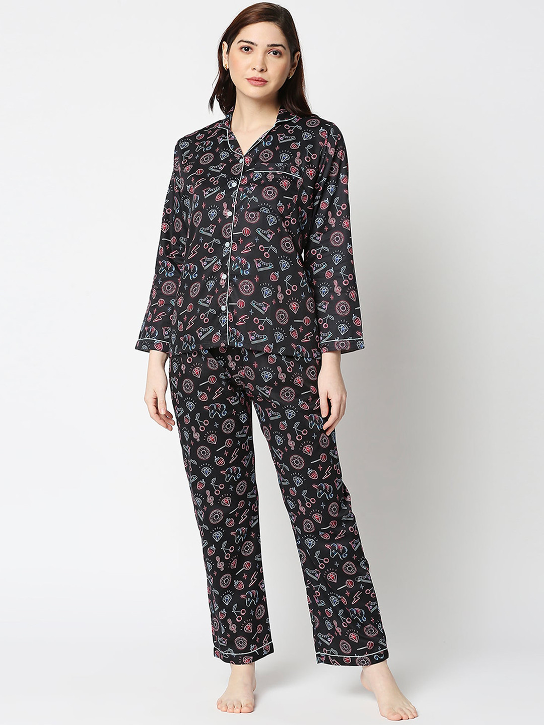 Pyjama Party Women Black & Blue Printed Night suit