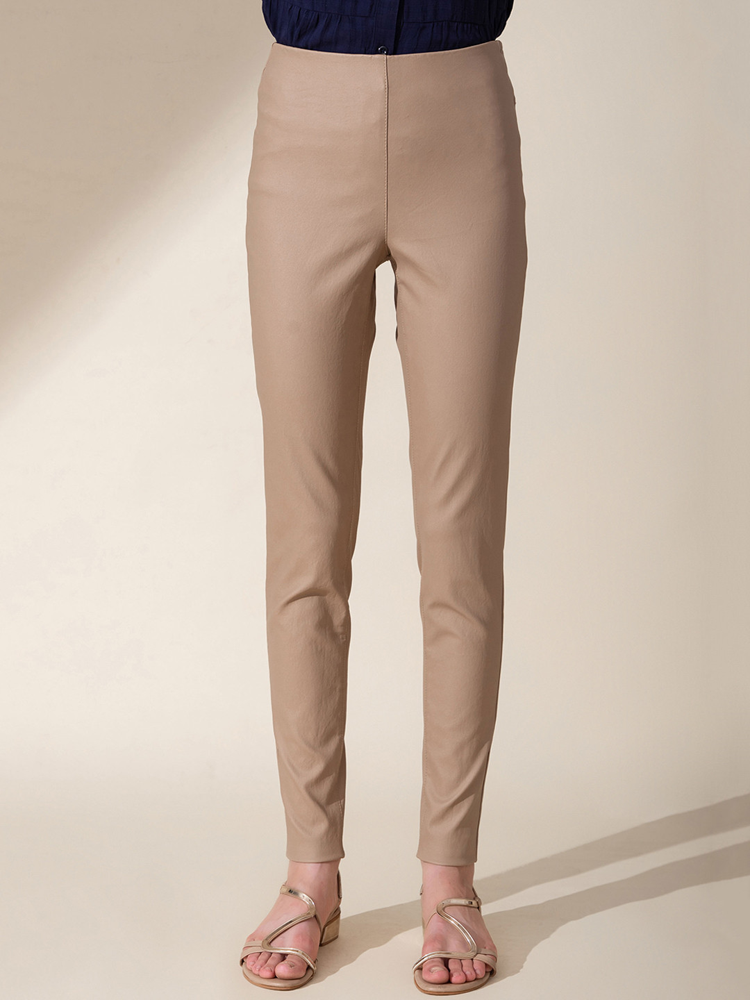 B.Copenhagen Women Camel Brown Slim Fit High-Rise Trousers