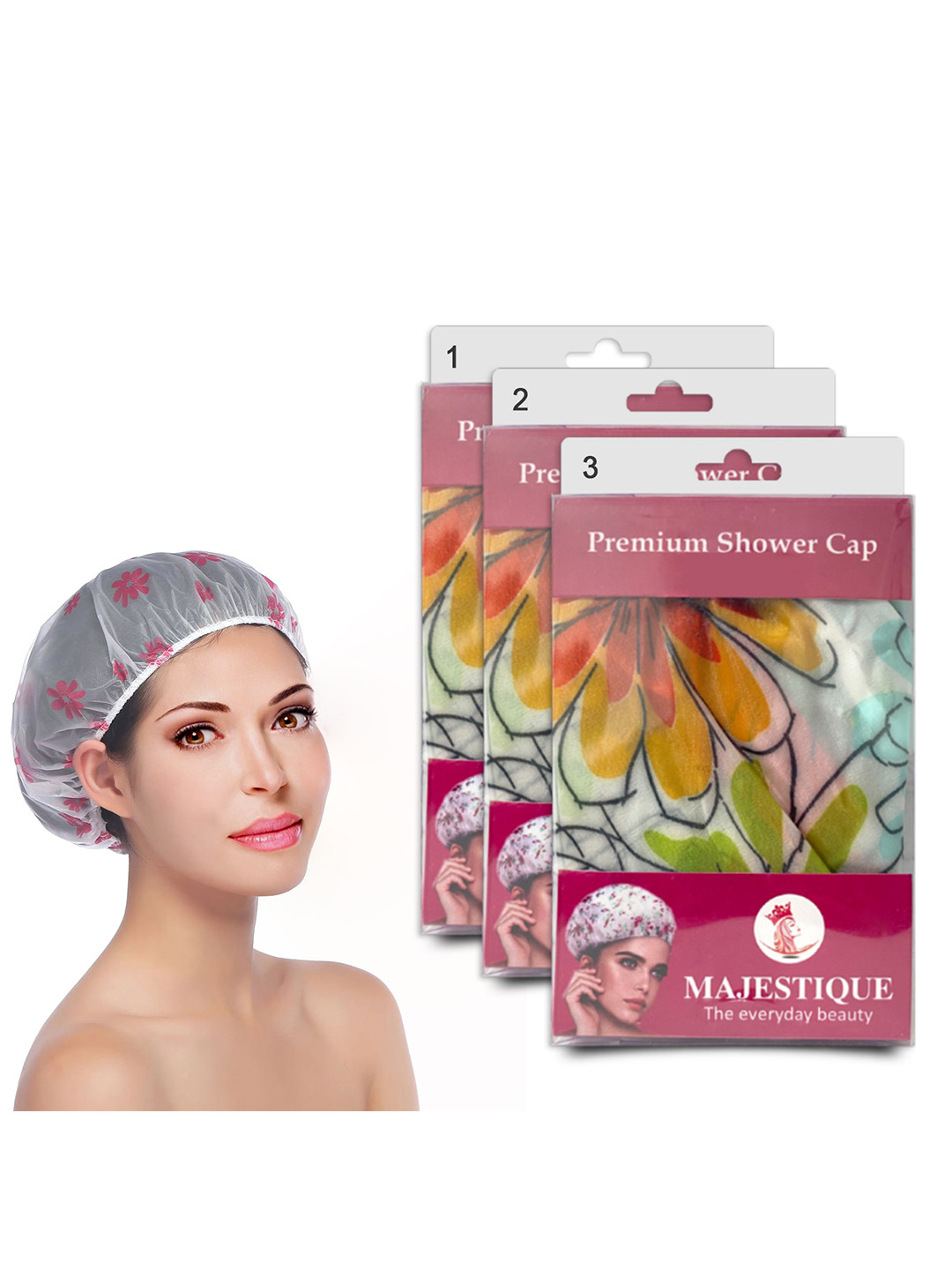MAJESTIQUE Set of 3 Waterproof Shower Cap Ideal for All Hair Lengths