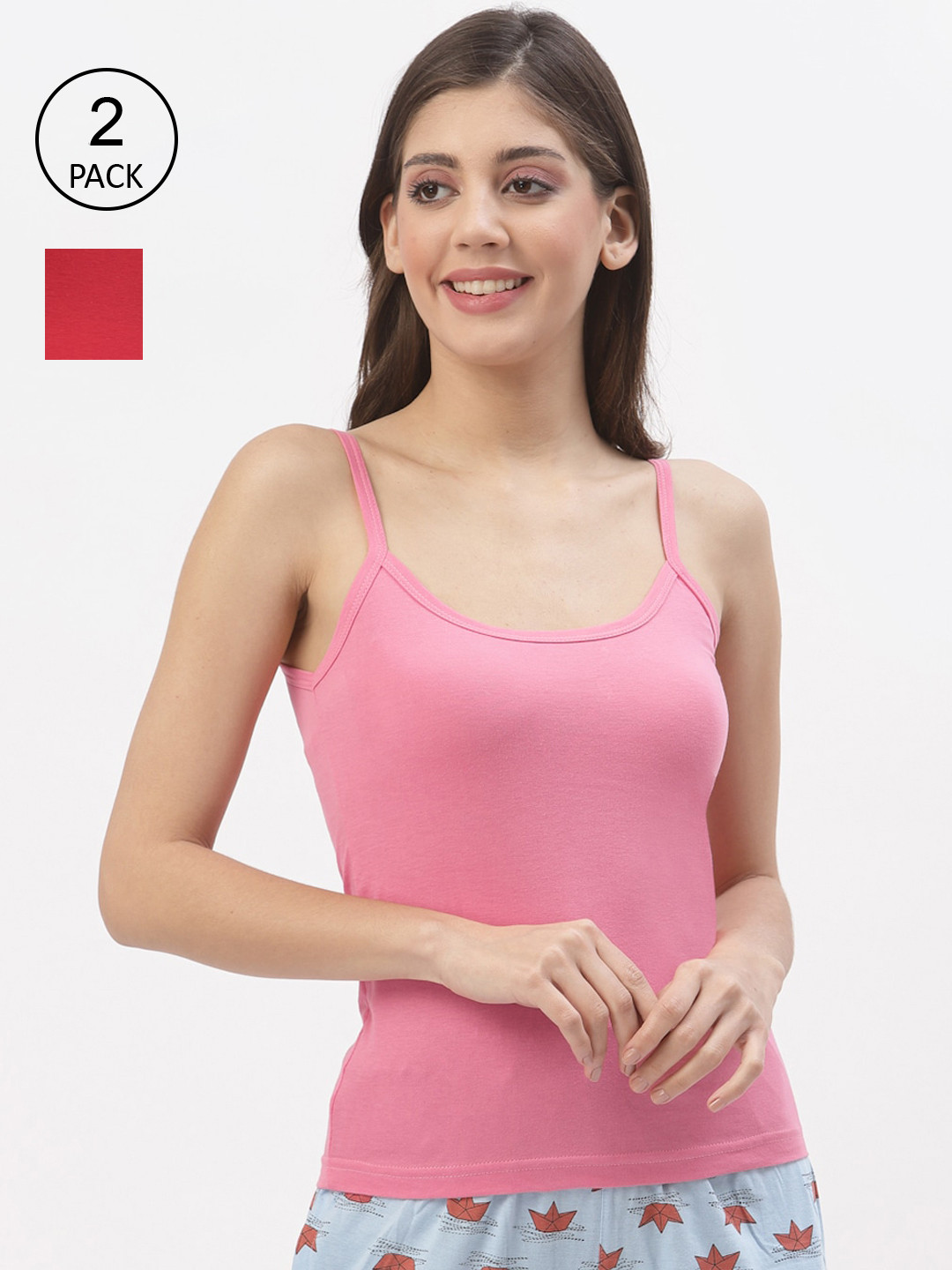 Floret Women Pack Of 2 Pink & Red Solid Camisoles
