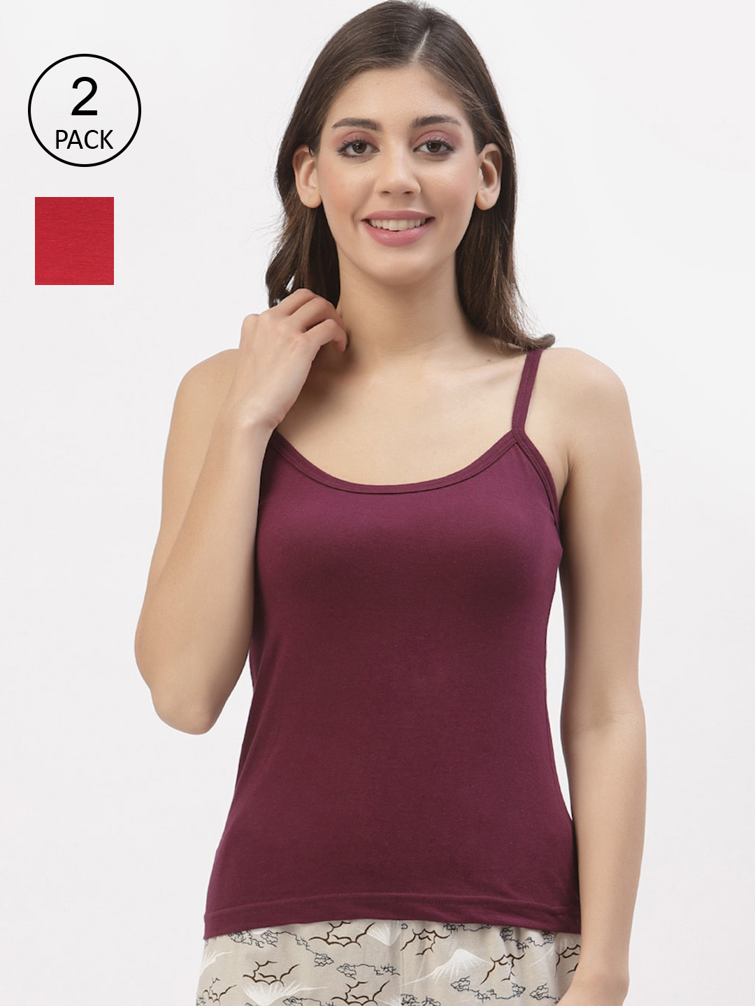 Floret Women Maroon & Red Pack Of 2 Solid Cotton Camisoles