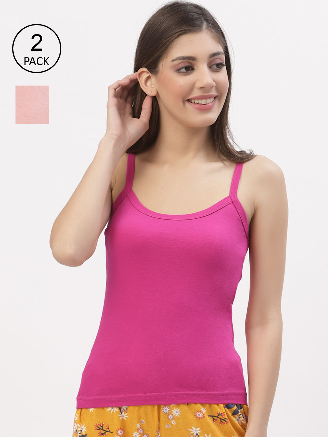 Floret Women Pack Of 2 Magenta & Peach Solid Cotton Camisoles