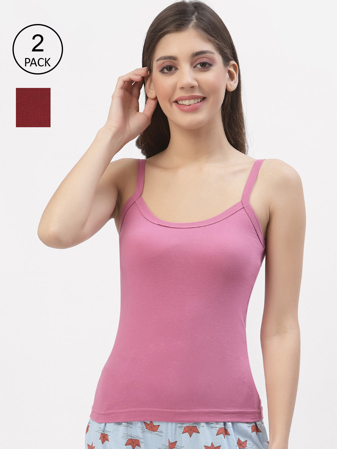 Floret Women Maroon & Pink Pack Of 2 Solid Cotton Camisoles