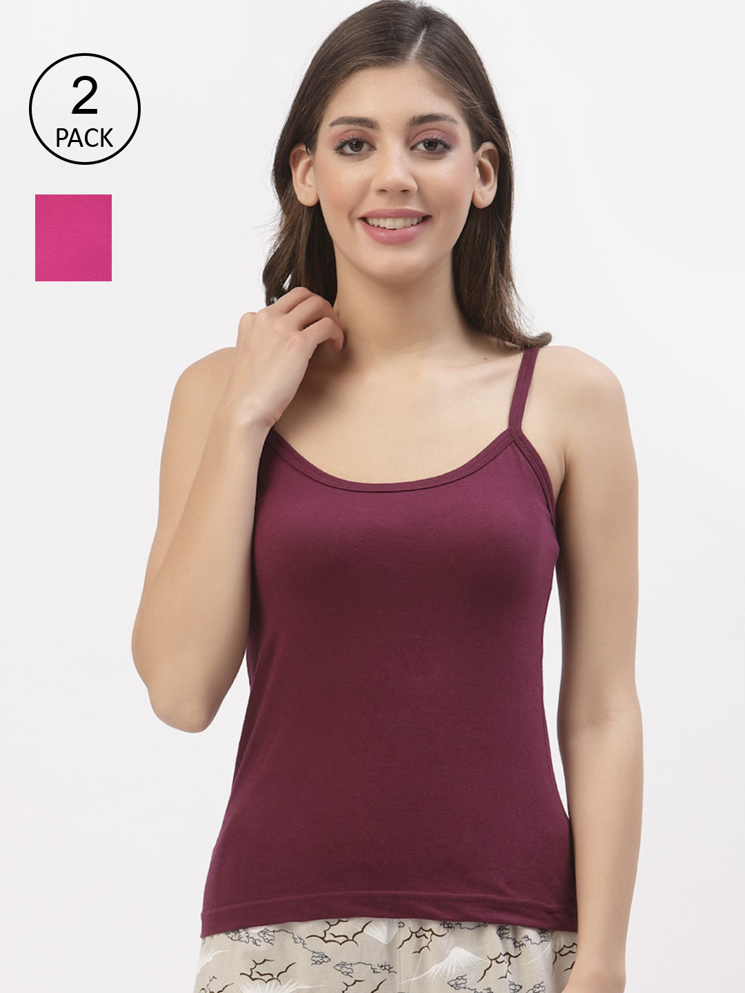 Floret Women Pack Of 2 Maroon & Magneta Solid Cotton Camisoles