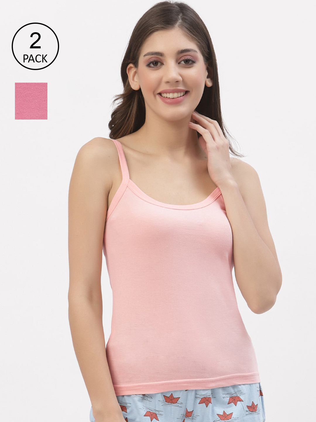 Floret Women Pack Of 2 Pink & Peach Cotton Camisoles