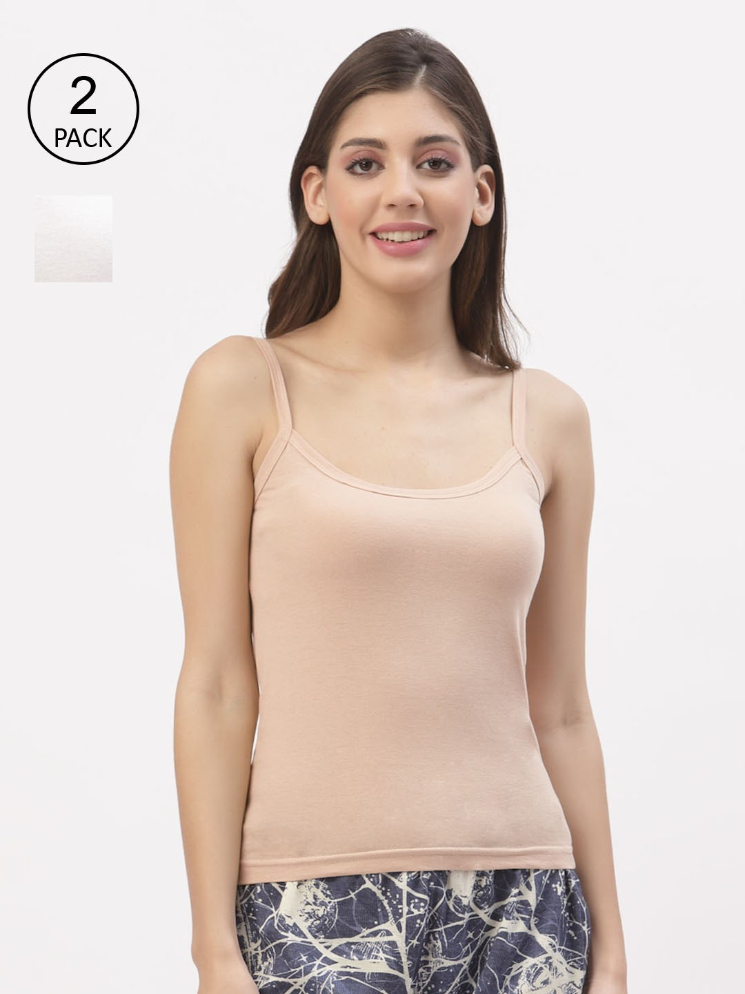 Floret Women Pack Of 2 Solid white and Beige Cotton Camisoles
