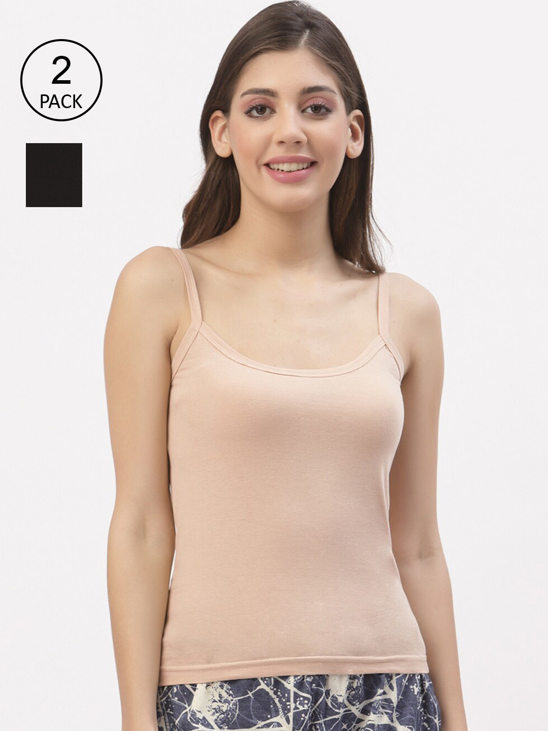 Floret Women Pack Of 2 Black and Beige Solid Cotton Camisoles