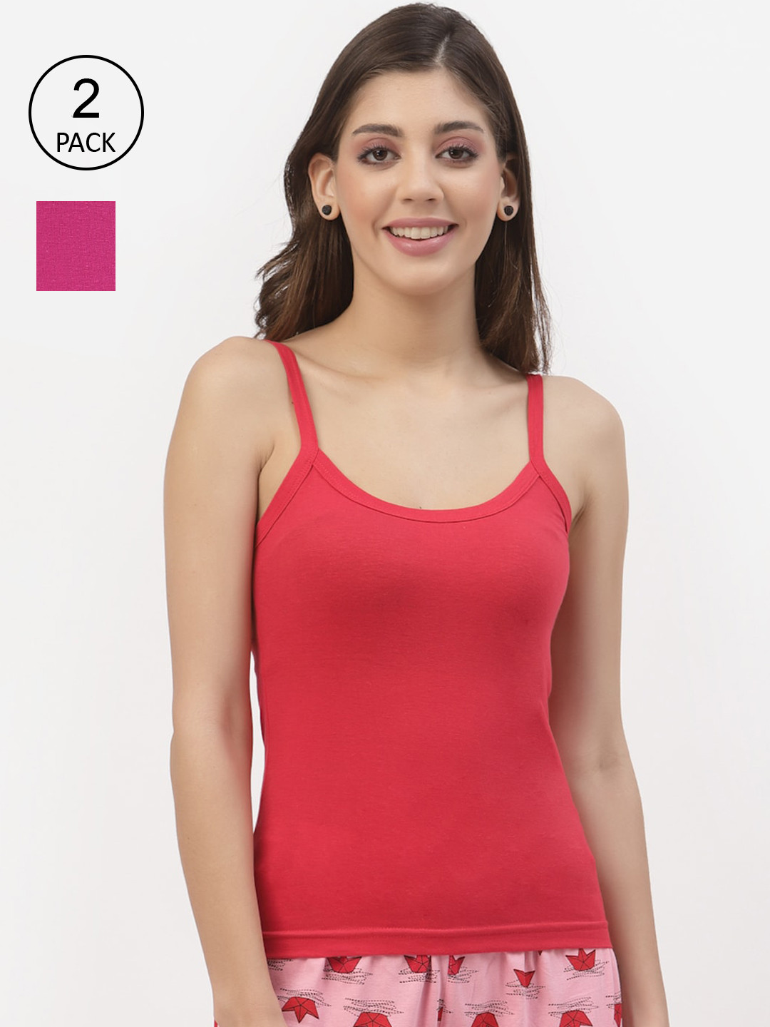 Floret Women Red & Magenta Pack Of 2 Solid Cotton Camisoles
