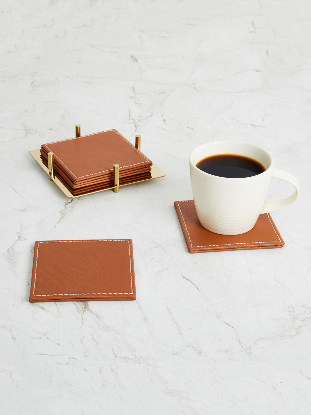 Home Centre Set of 4 Brown Stainless Steel Square Coaster With Stand