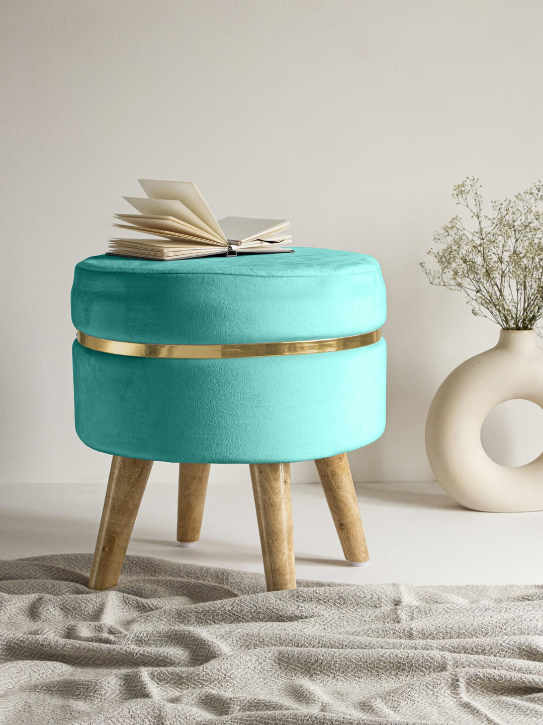 Clasiko Turquoise Blue Solid Ottoman With Golden Ring & Wood Legs