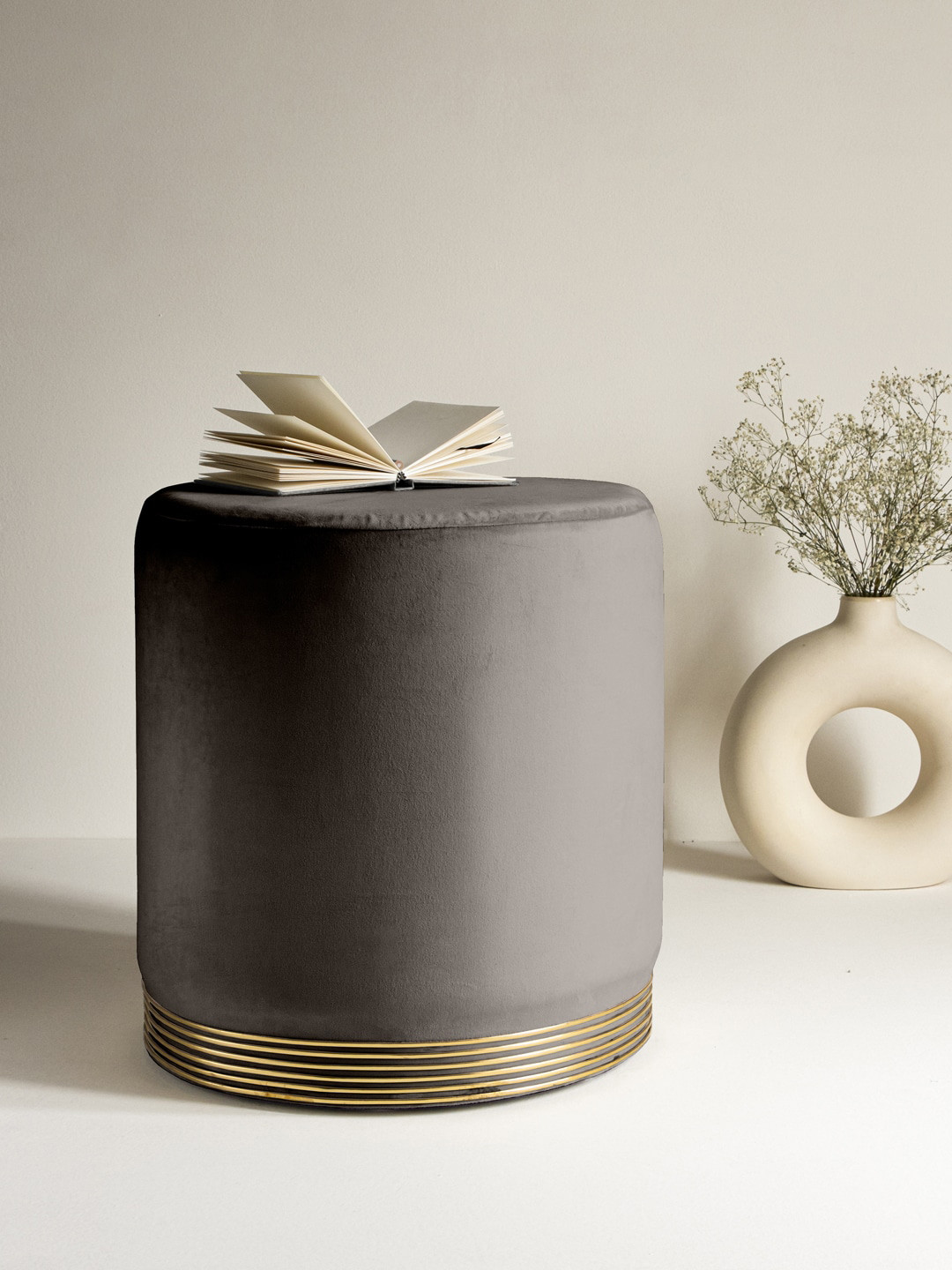 Clasiko Grey & Gold Coloured Solid Stool With Rings