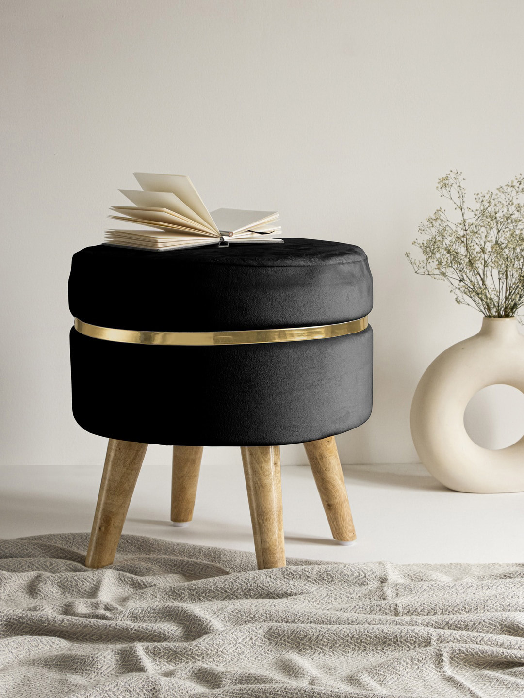 Clasiko Black & Brown Solid Ottomans With Golden Ring & Wood Legs