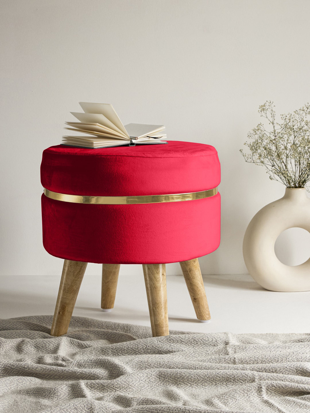 Clasiko Red Solid Ottomans With Wooden Legs