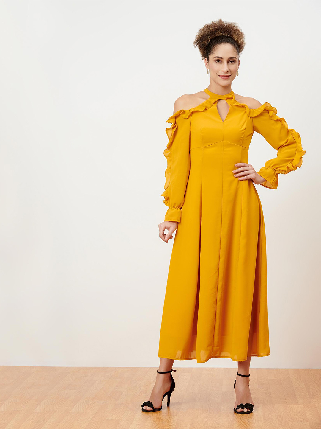 enzeo Women Yellow Choker Neck Pure Cotton Maxi Dress