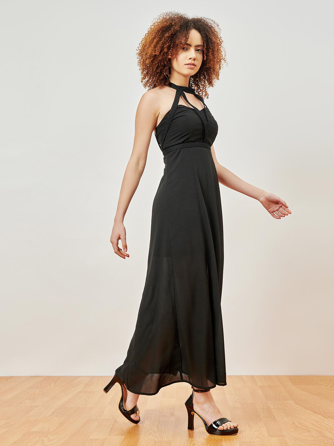 enzeo Black Halter Neck Maxi Dress