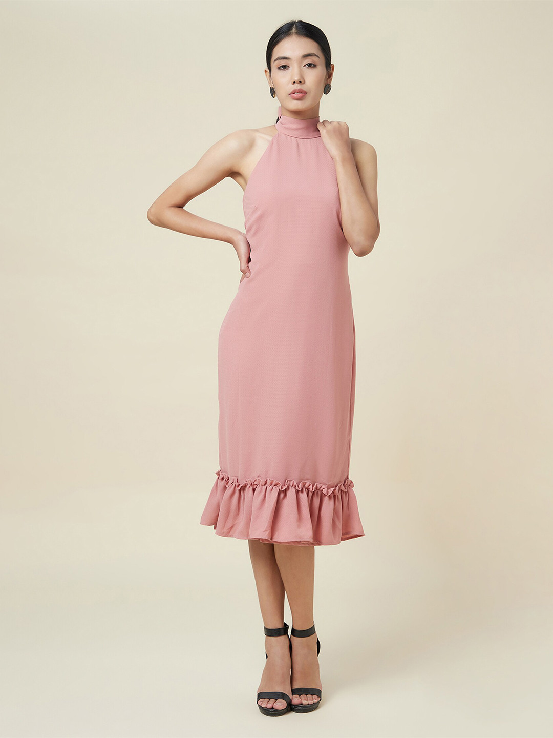 enzeo Pink Solid Halter Neck Sheath Midi Dress