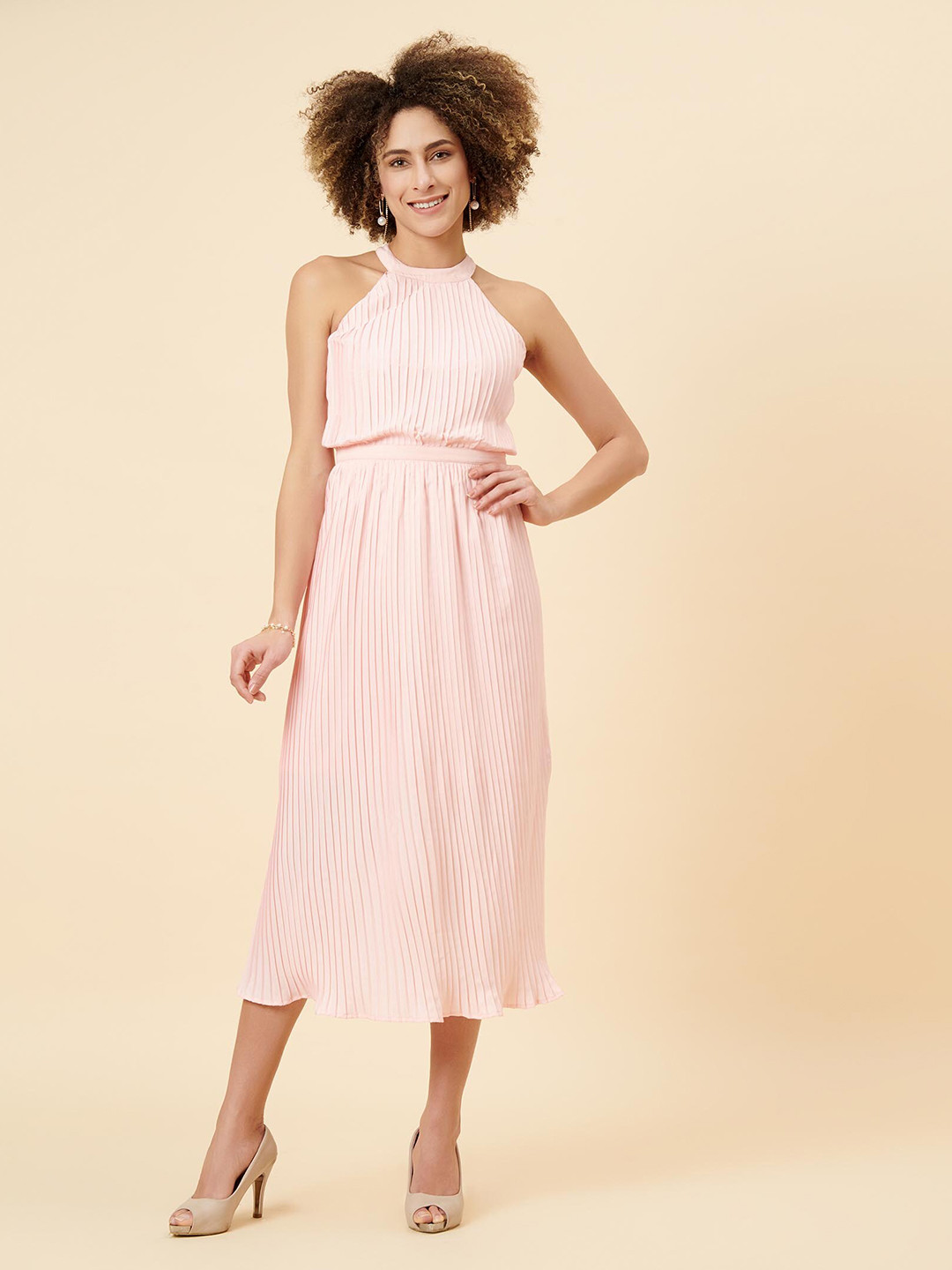 enzeo Pink Striped Halter Neck Midi Dress
