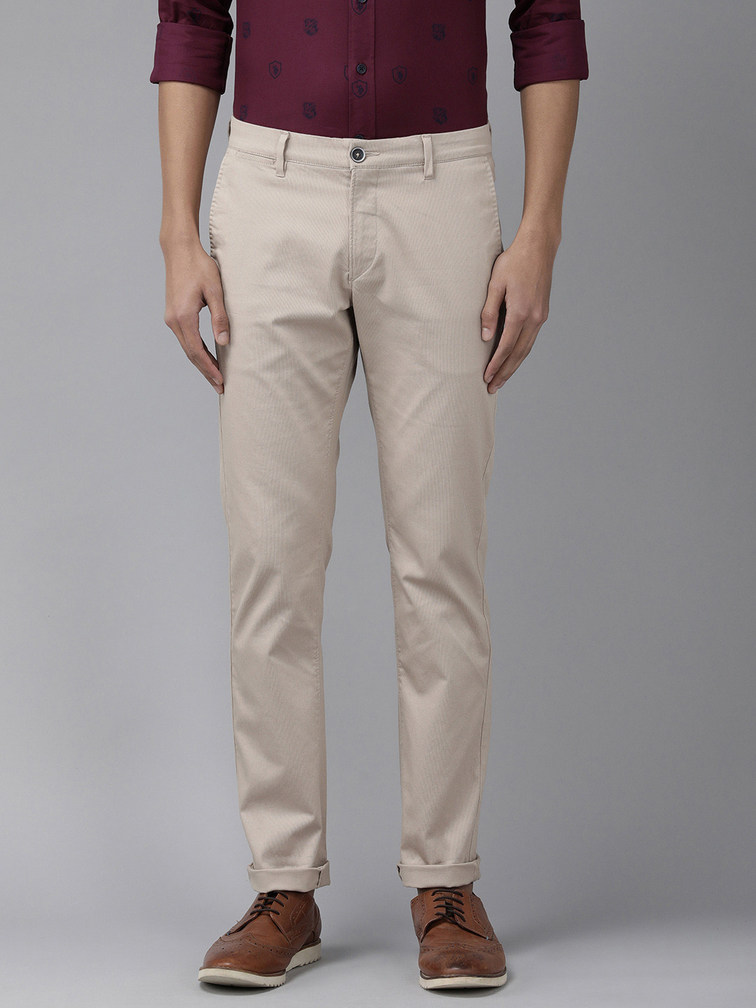 U.S. Polo Assn. Men Beige Solid Slim Fit Corduroy Trousers