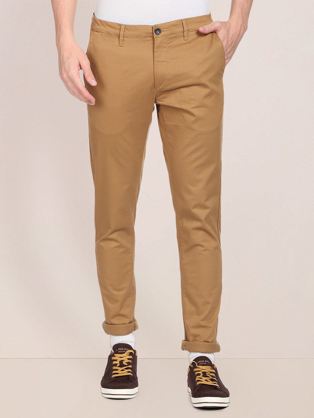 U S Polo Assn Men Khaki Solid Slim Fit Trousers