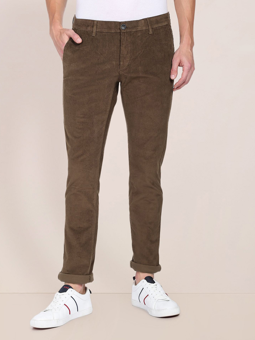 U.S. Polo Assn. Men Brown Slim Fit Corduroy Trousers