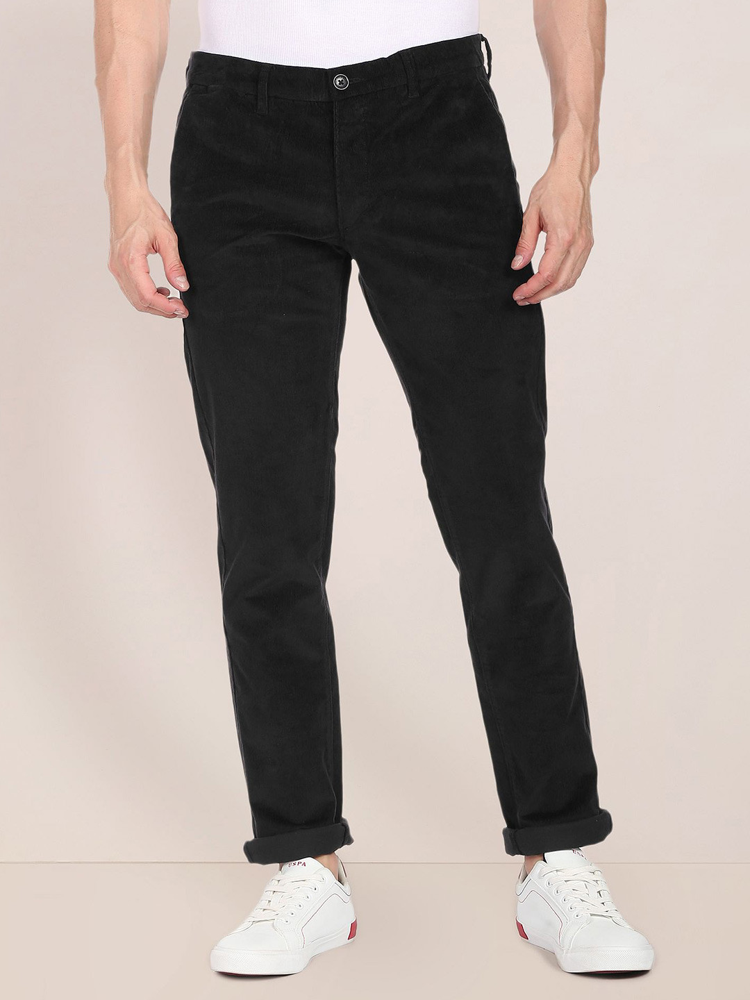 U.S. Polo Assn. Men Navy Blue Slim Fit Corduroy Regular Trousers