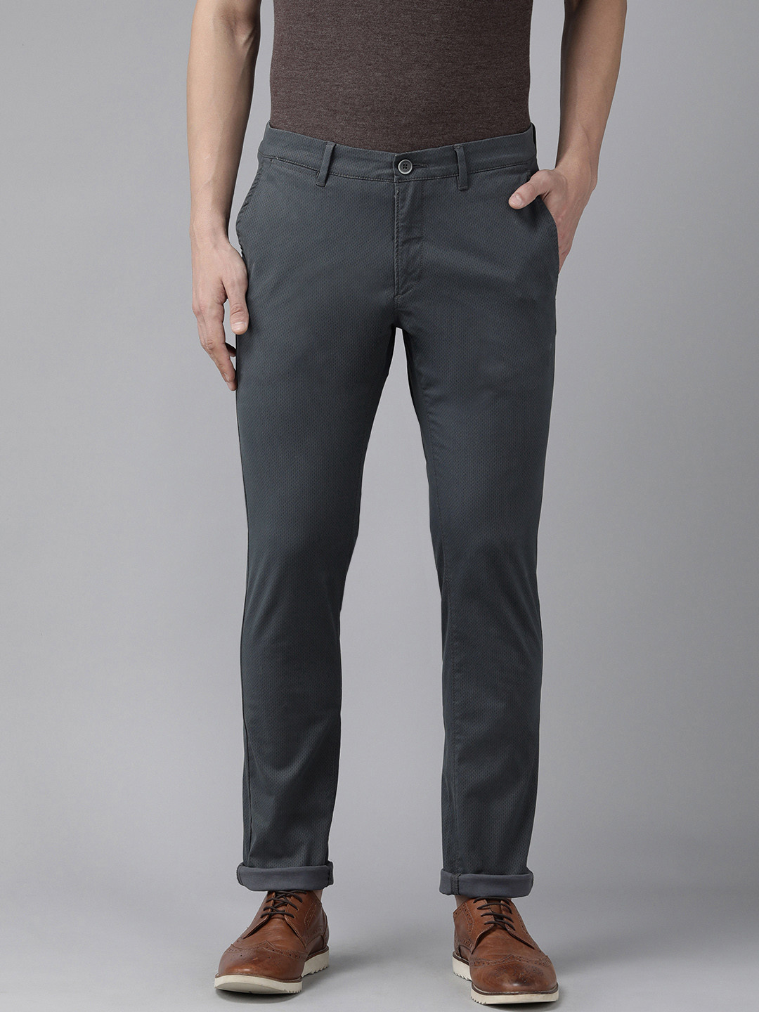 U S Polo Assn Men Dark Grey Textured Slim Fit Corduroy Trousers