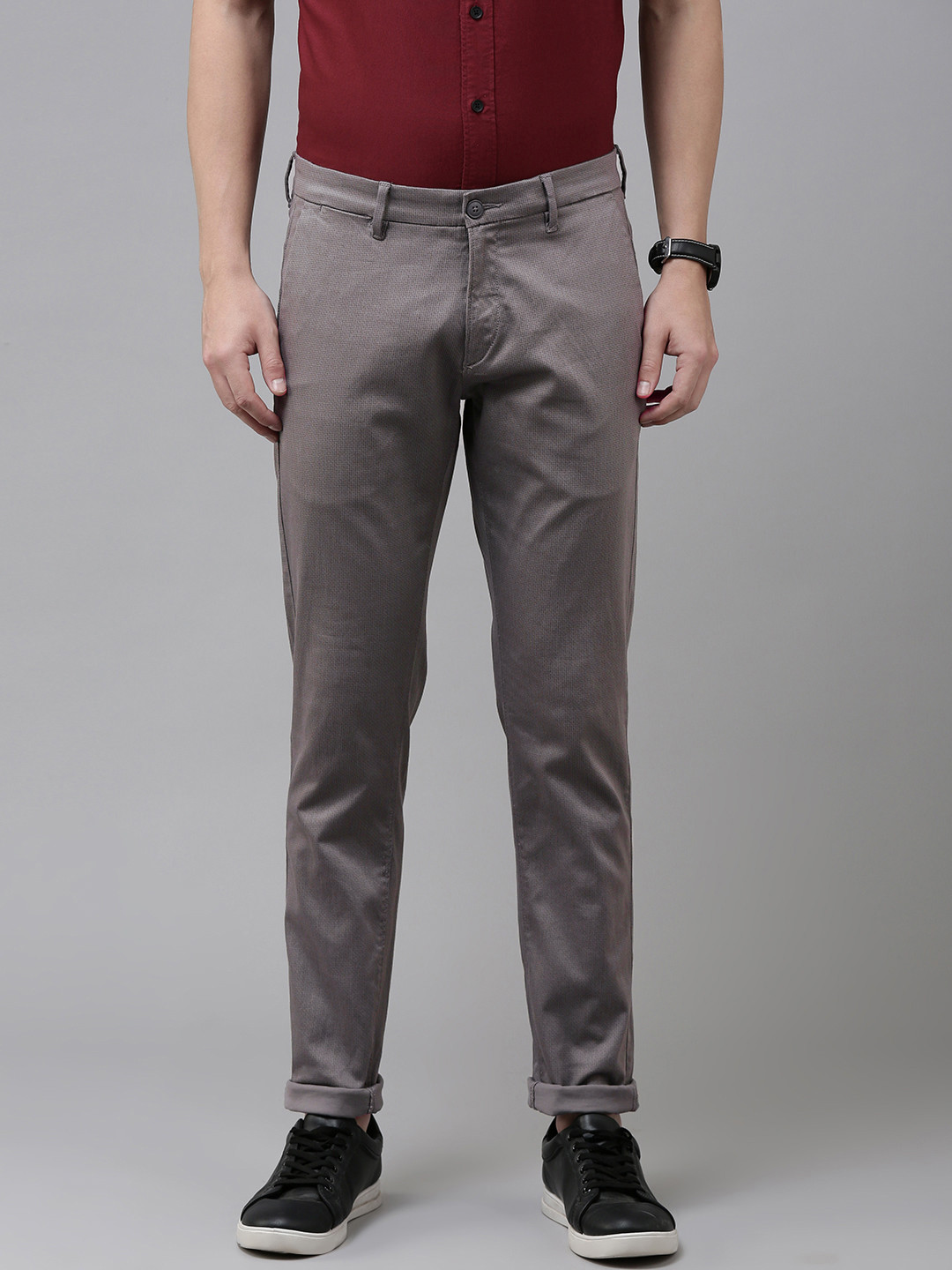 U S Polo Assn Men Grey Textured Slim Fit Chinos Trousers