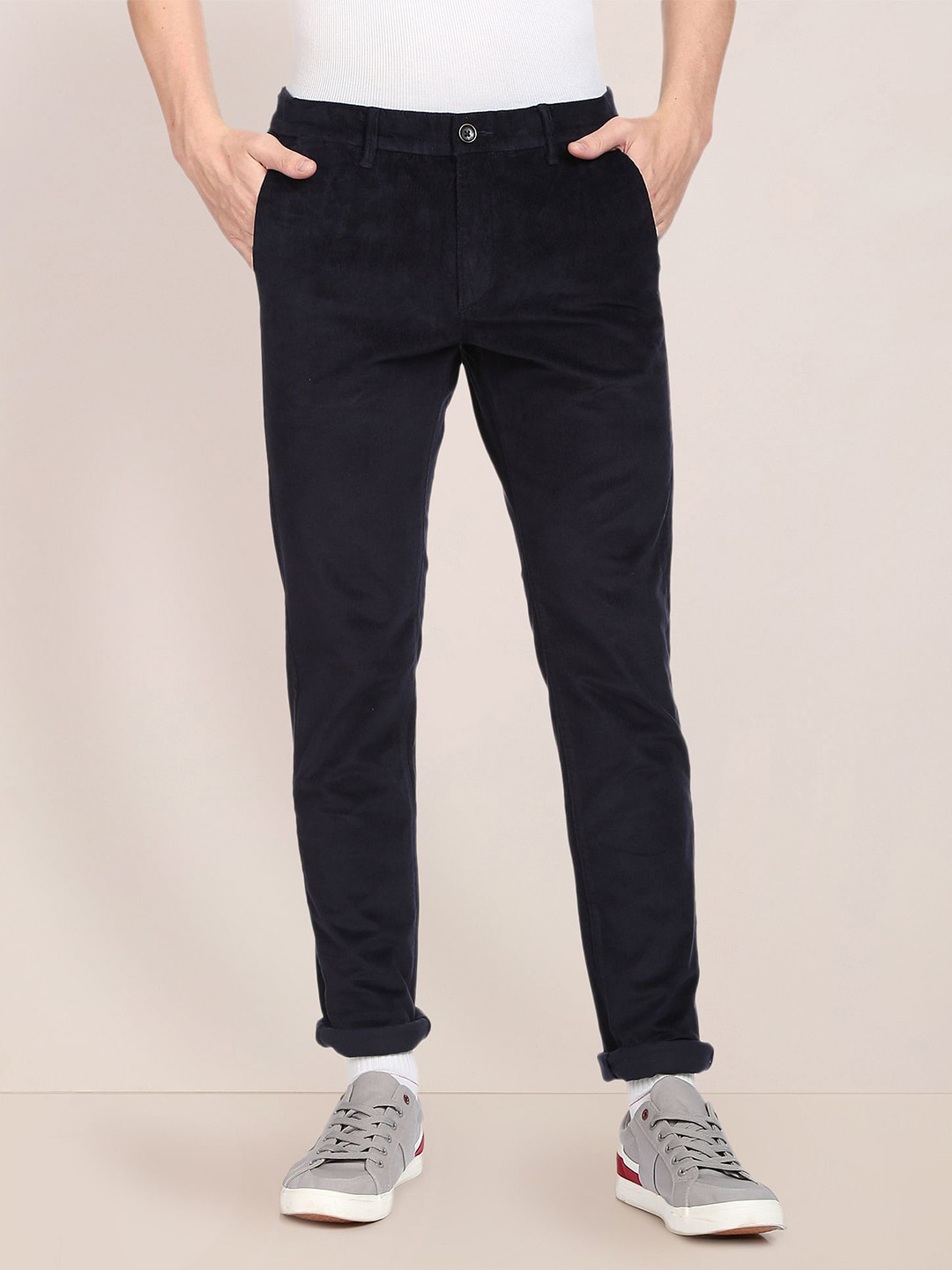U.S. Polo Assn. Men Navy Blue Slim Fit Corduroy Regular Trousers
