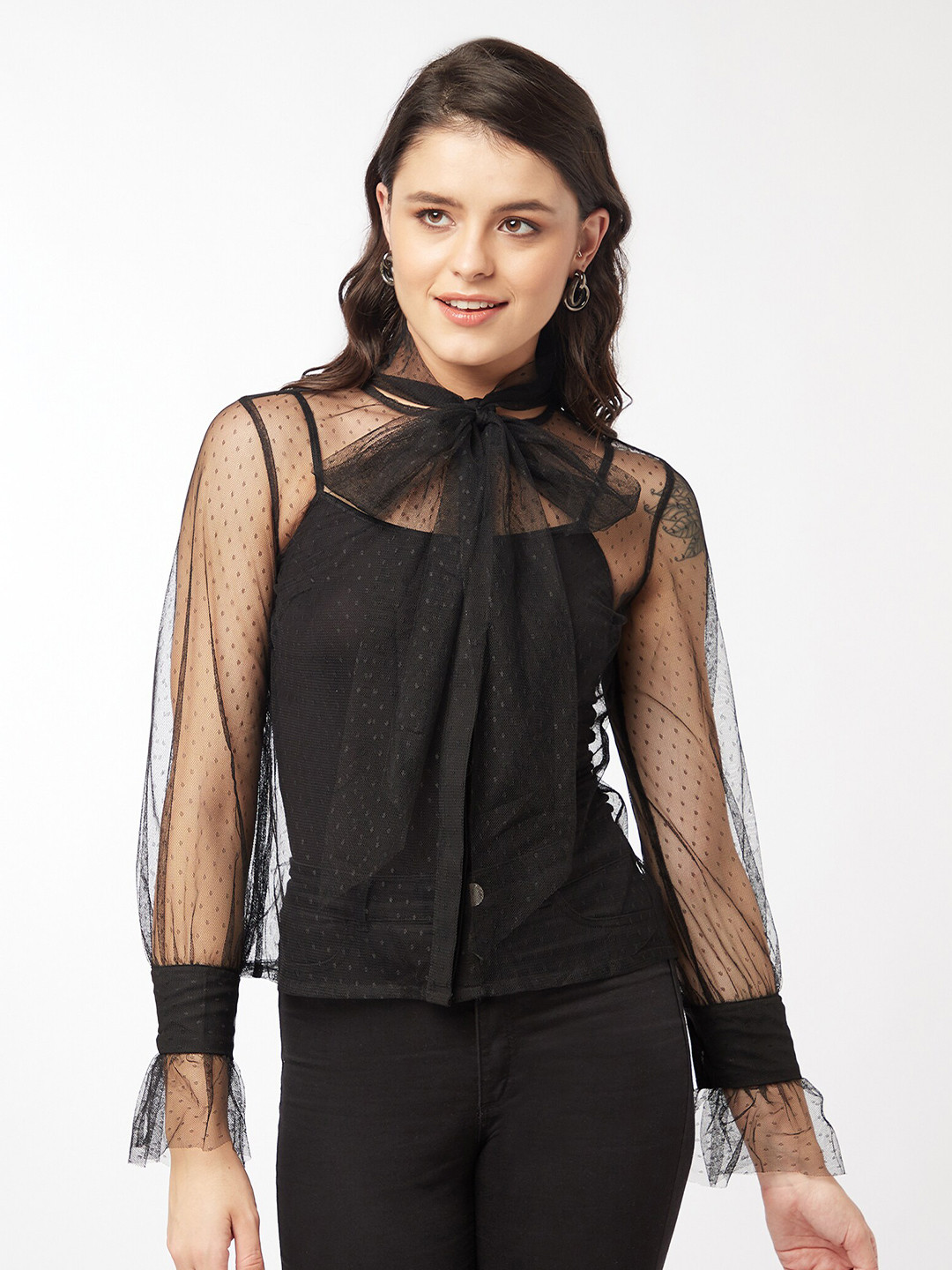enzeo Black Tie-Up Neck Net Top