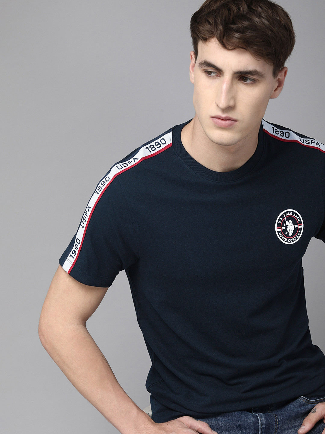 U S Polo Assn Denim Co Men Navy Blue Side Taped Pure Cotton Slim Fit T-shirt