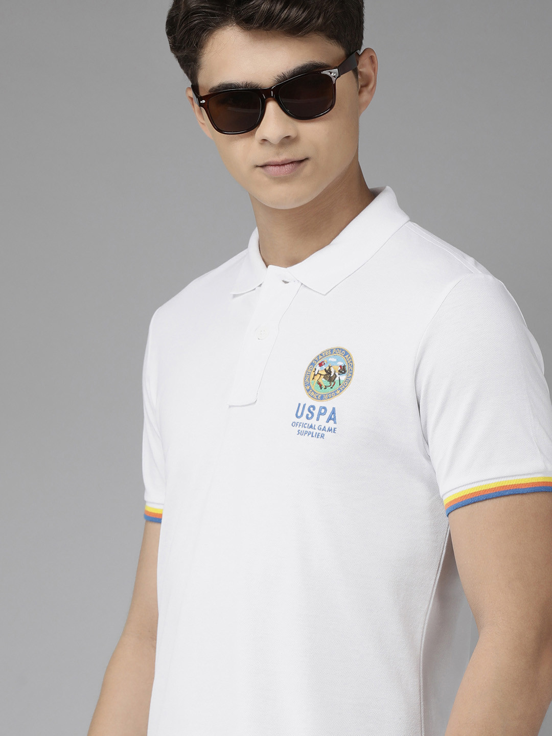 U.S. Polo Assn. Men White Polo Collar Slim Fit Pure Cotton T-shirt