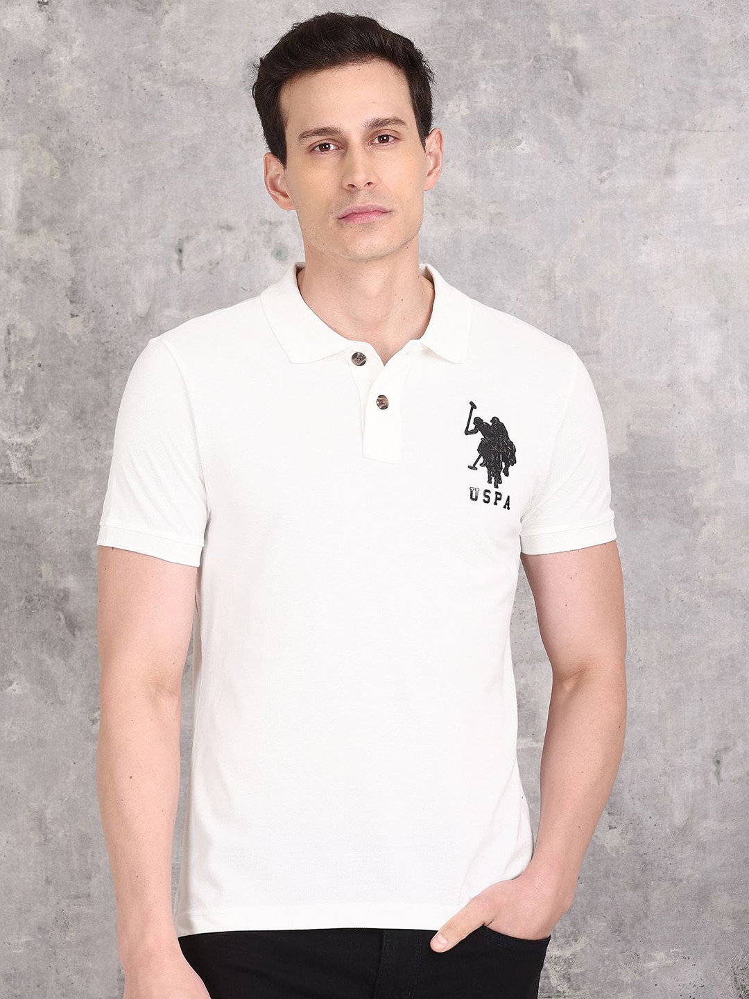 U.S. Polo Assn. Denim Co. Men Off White Polo Collar Pure Cotton Slim Fit T-shirt