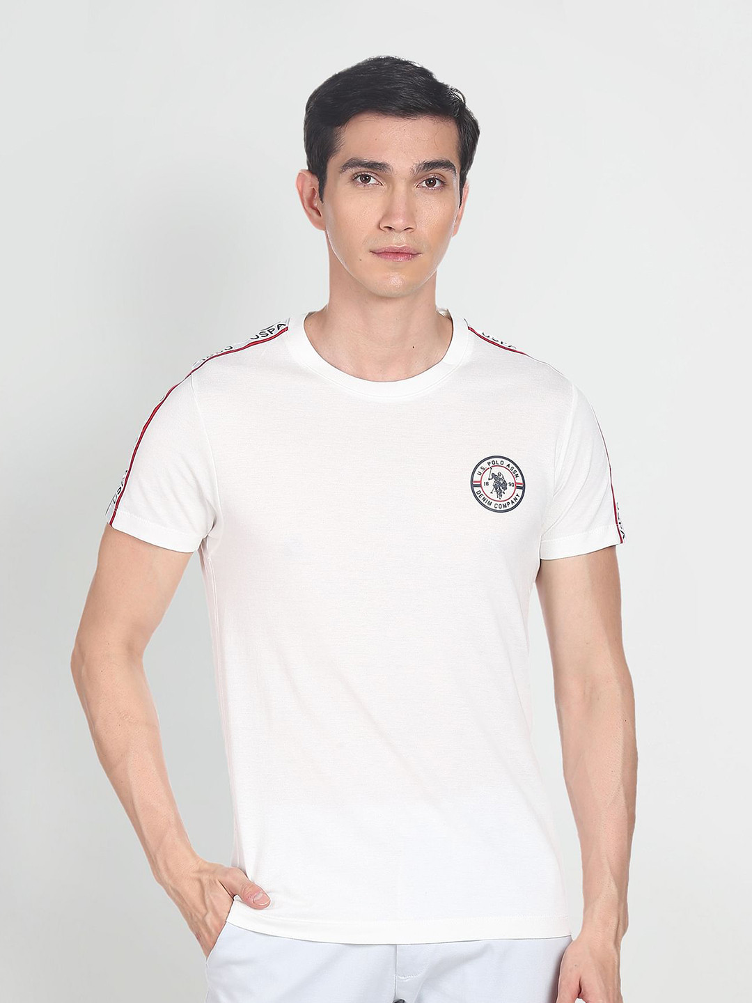 U S Polo Assn Denim Co Men White Side Taped Pure Cotton Slim Fit T-shirt